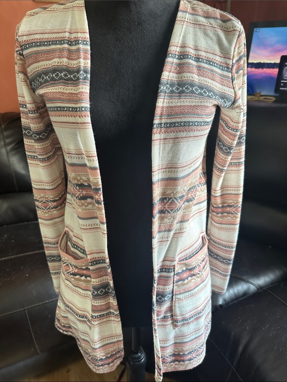 Wallflower Striped Open-Front Cardigan in Cream, Pink and Gray
